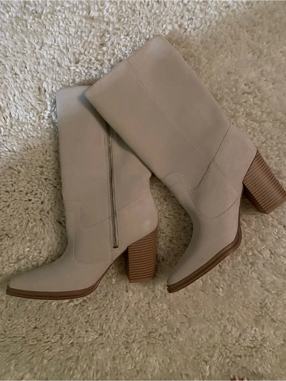 Franco Sarto Light Beige Suede Mid-Calf Block Heel Boots